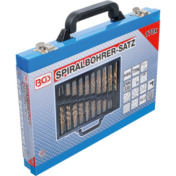 Bohrer-Set in einem blauen Metallkoffer mit verschiedenen Größen