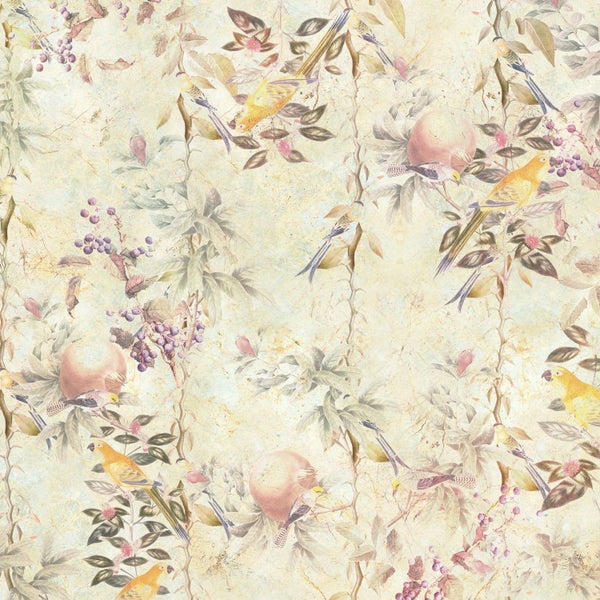 Tapetenmuster mit Vögeln, Blättern, Früchten und Ästen