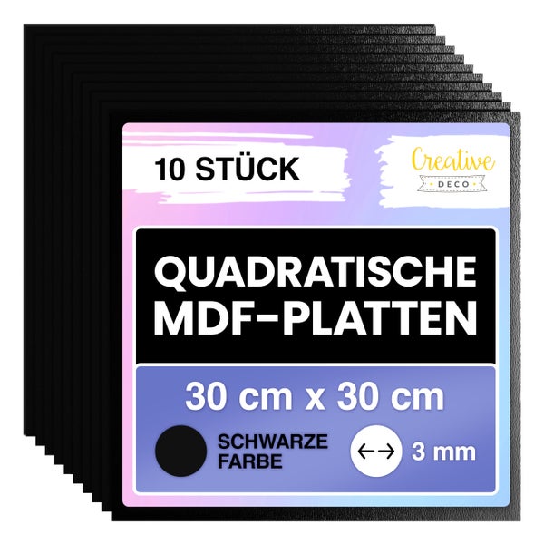 10 quadratische schwarze MDF-Platten, 30 Zentimeter mal 30 Zentimeter, 3 Millimeter dick. Creative DECO Logo.