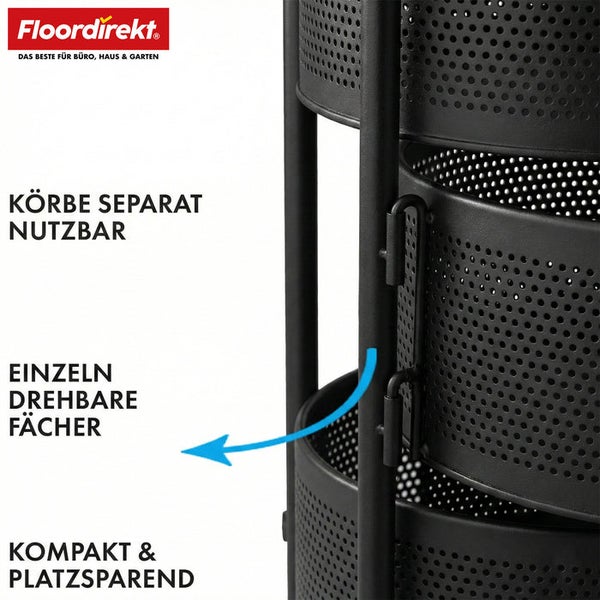 Detailansicht eines schwarzen Rollwagens mit drehbaren Ablagekörben