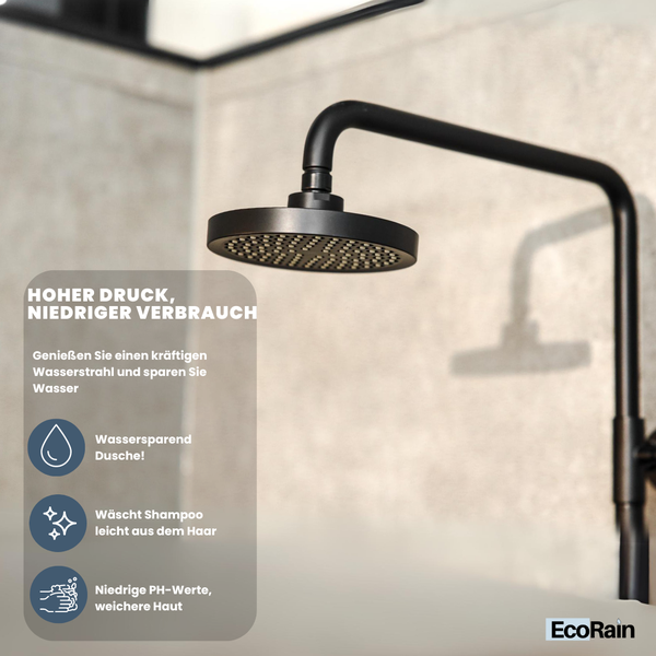 EcoRain 30% Wassersparender Regenduschkopf Josh 15 CM Rund - Hoher Wasserdruck - Universeller Anschluss - Anti-Kalk Duschkopf - Schwarz