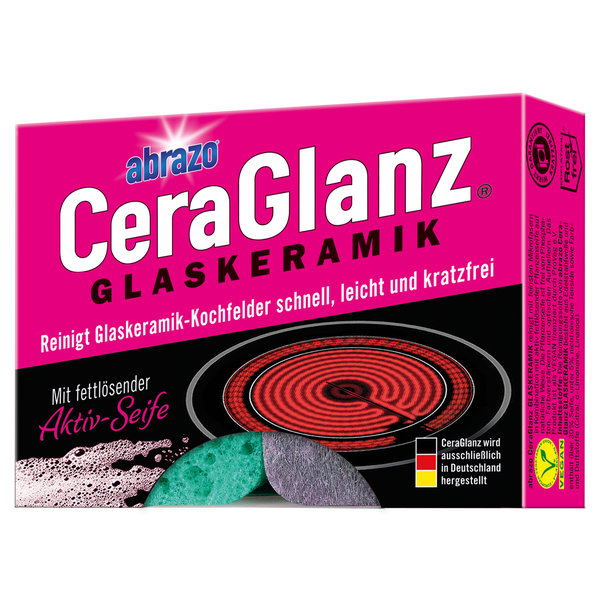 abrazo CeraGlanz Reinigungsschwamm für Glaskeramik-Kochfelder mit fettlösender Aktiv-Seife, kratzfrei und vegan.