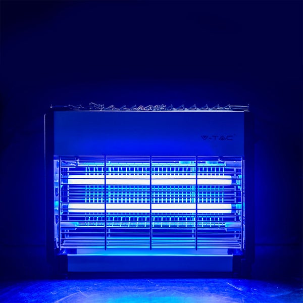 Elektrischer Insektenvernichter von V-TAC mit zwei UV-Röhren und Metallschutzgitter.