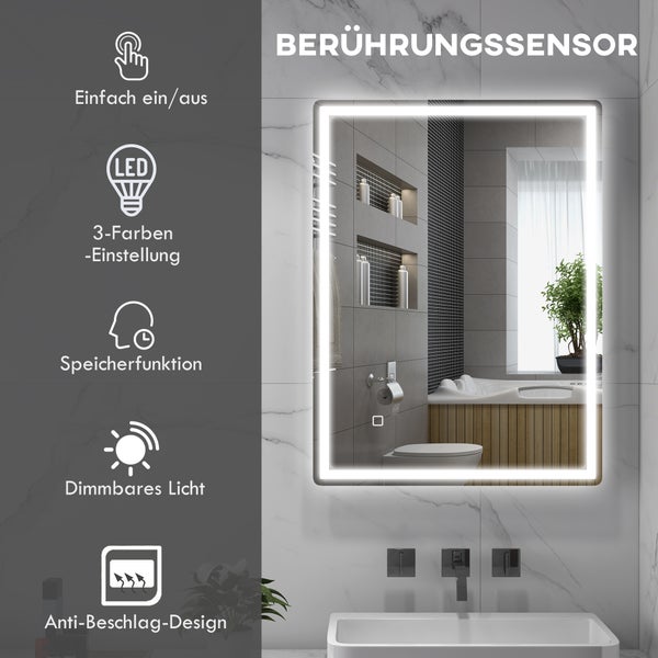 HOMCOM Badspiegel, Dimmbar Badezimmerspiegel, 80 x 60 cm Lichtspiegel mit Touchschalter, Memory-Funktion, beschlagfreier Wandspiegel, Wasserdicht