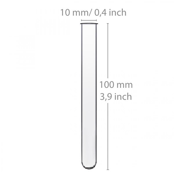 Transparentes Reagenzglas mit Maßen, Durchmesser 10 Millimeter oder 0,4 Zoll, Höhe 100 Millimeter oder 3,9 Zoll.