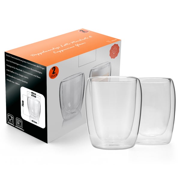 2er-Set doppelwandige Gläser für Latte Macchiato und Cappuccino in einer Geschenkverpackung, 300 Milliliter Fassungsvermögen, Big Dean Logo
