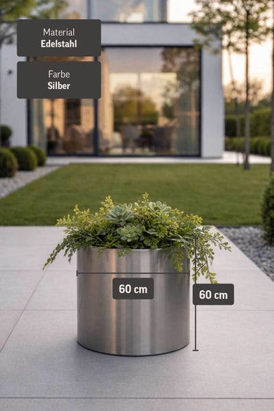 Runder Pflanzkübel aus Edelstahl in Silber mit 60 Zentimeter Durchmesser und 60 Zentimeter Höhe auf einer modernen Terrasse bepflanzt.