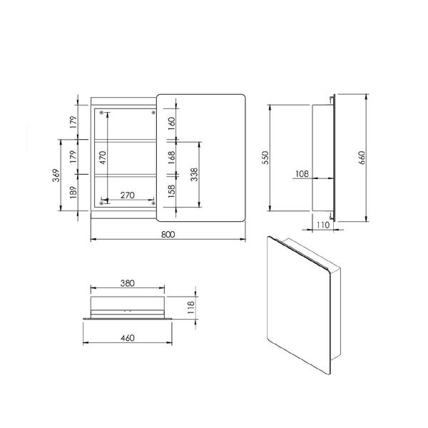 Maßzeichnung für einen Spiegelschrank mit Abmessungen in Millimeter für Front-, Seiten-, Draufsicht und isometrische Ansicht.