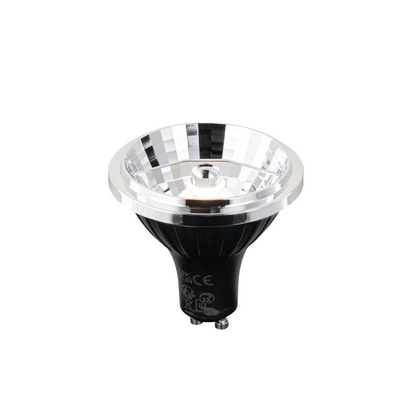 LED-Reflektorlampe GU10, schwarzes Gehäuse mit silbernem facettiertem Reflektor und Glaslinse.