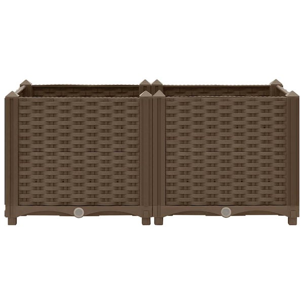 Rechteckiges Hochbeet in Rattan-Optik aus Kunststoff mit zwei Abteilen.