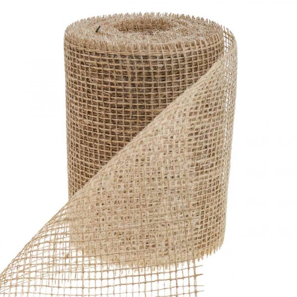 Juteband auf Rolle, grobmaschiges Naturgewebe für Gartenarbeiten und Dekoration.