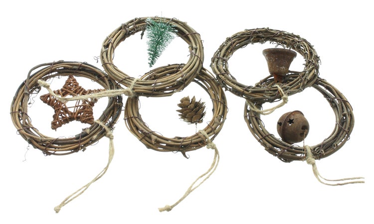 FRANK FLECHTWAREN | Hänger Minikranz, 5er Set, Ø 9 cm, RATTAN, METALL, KUNSTSTOFF, JUTE