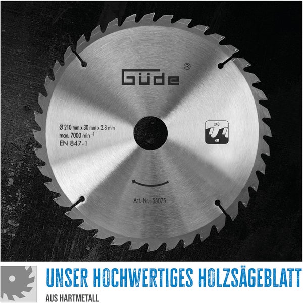 Guede Hartmetall Saegeblatt fuer Holz, Durchmesser 210 Millimeter, Bohrung 30 Millimeter, 40 Zaehne, fuer Tischkreissaegen geeignet.