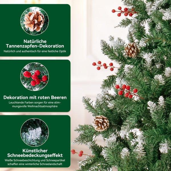 Künstlicher Weihnachtsbaum mit Tannenzapfen, roten Beeren und Schneeeffekt als Dekoration.