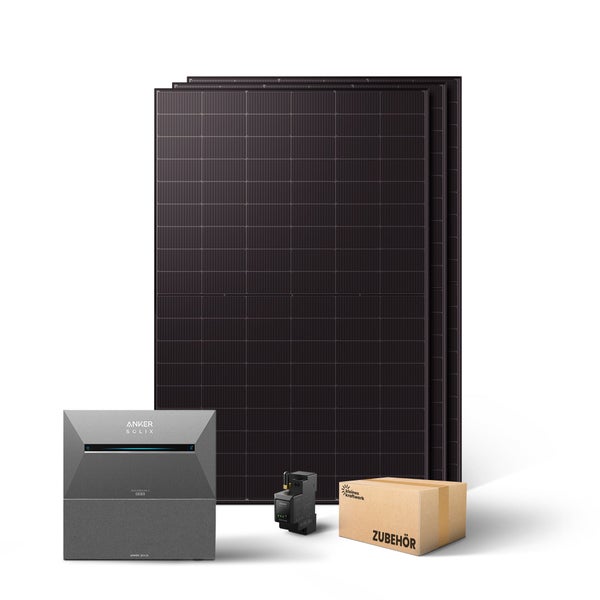 Balkonkraftwerk Komplettset mit vier Solarmodulen, Anker Solix Energiespeicher, Smart Meter und Zubehörbox.