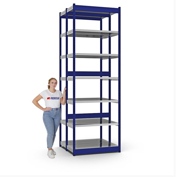 PROREGAL Fachbodenregal Stecksystem Vierkant-Profil Grundregal HxBxT 300 x 102,5 x 40 cm 2x7 Ebenen Doppelseitige Bauart Fachlast 200 kg Enzianblau