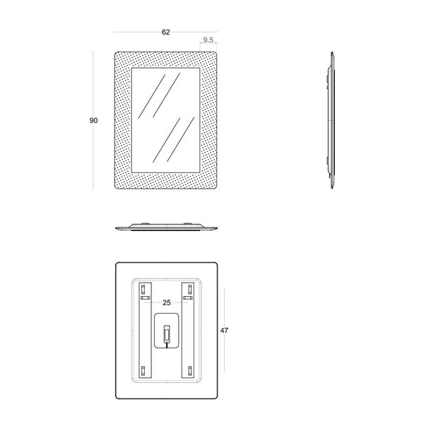 Maßzeichnung eines rechteckigen Wandspiegels: 62 mal 90 Zentimeter, Rahmenbreite 9,5 Zentimeter, inklusive Rückansicht und Profil.