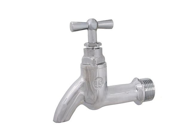 Auslaufventil aus Metall mit Knebelgriff und Gewindeanschluss.