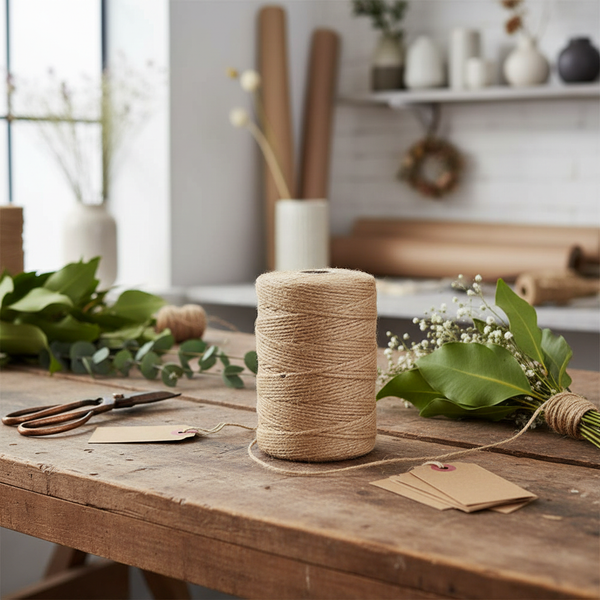Spule aus naturfarbenem Jutegarn auf einem Holztisch mit Floristik-Zubehör wie Schere, Anhängern und Blättern in einer hellen Werkstatt.