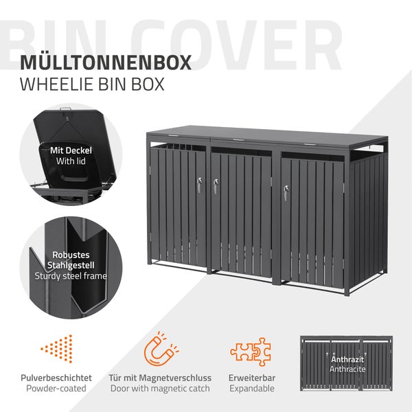 Mülltonnenbox aus pulverbeschichtetem Stahl für drei Mülltonnen mit aufklappbarem Deckel, Magnetverschluss und erweiterbarem Rahmendesign.