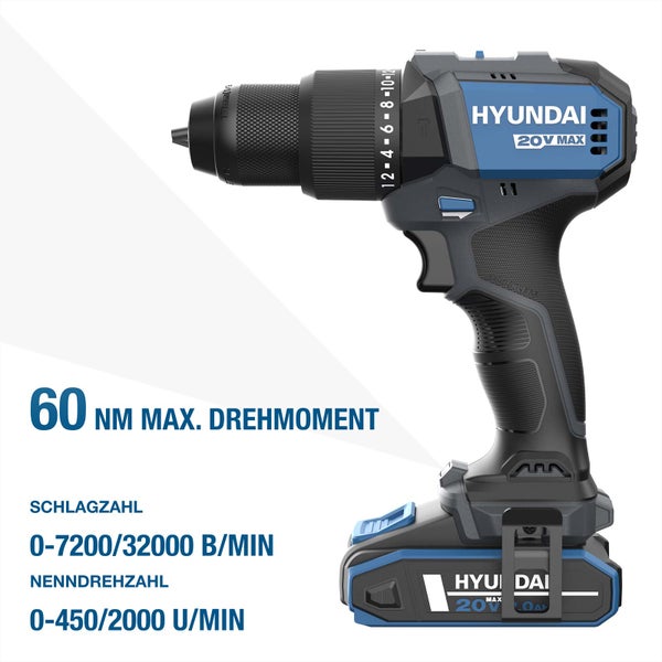 Hyundai Akku Schlagbohrschrauber 20 Volt mit 60 Newtonmeter Drehmoment und verstellbarem Bohrfutter.