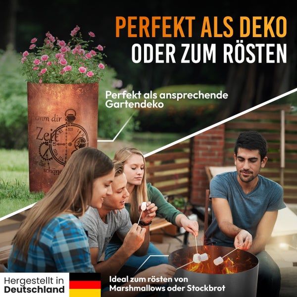 Szene mit Personen, die Marshmallows über einem Feuerkorb rösten und einem Pflanzgefäß mit Rosen. Hergestellt in Deutschland.