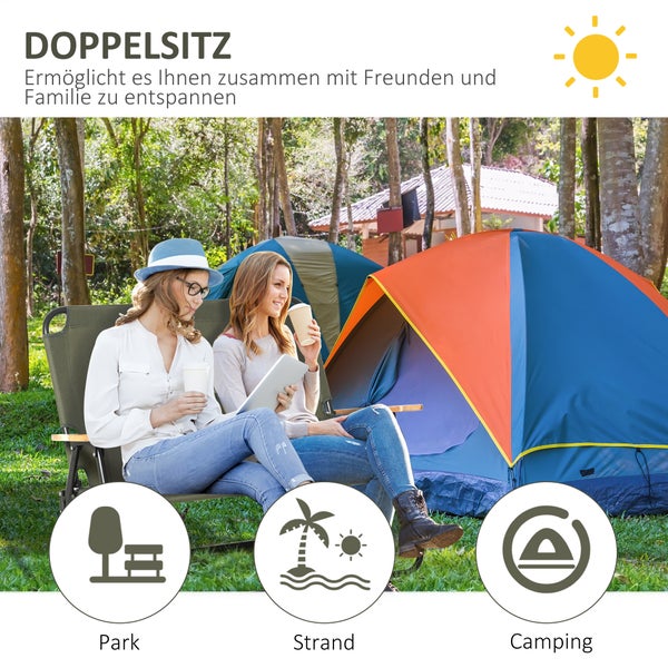 Outsunny Campingstuhl 2-Sitzer klappbar tragbar Gartenstuhl Regiestuhl Klappstuhl mit Getränkehalter für Outdoor Picknick Wandern max. Belastung 160 kg Grün 114 x 67 x 80 cm