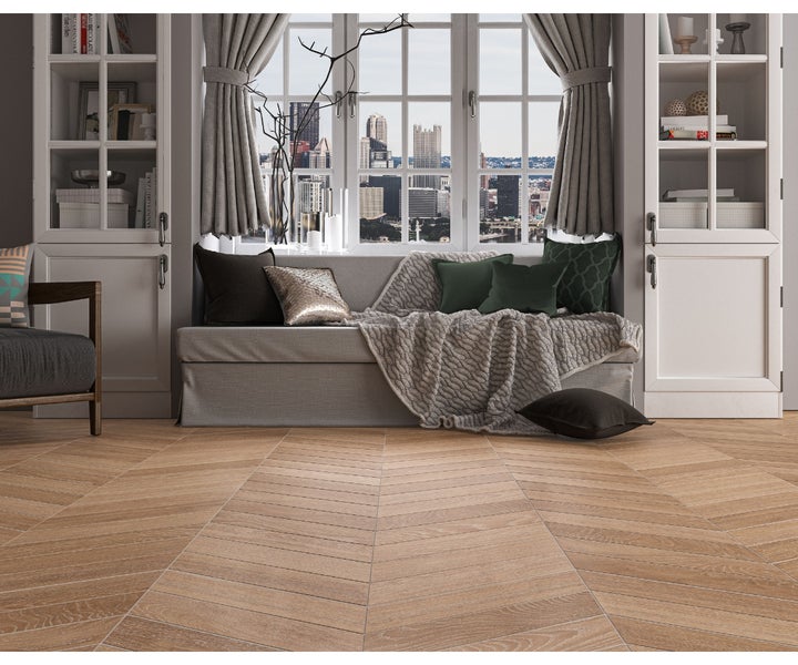 Feinsteinzeug Bodenfliese Ancona Chevron Nature 8x40x0,85 cm glasiert matt Rundkante