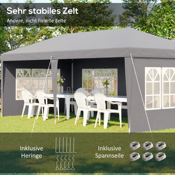 Stabiles Partyzelt im Garten mit Seitenteilen, Fenstern und Sitzgruppe, inklusive Heringe und Spannseile.