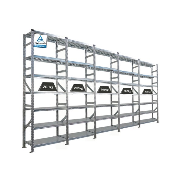 Stahlregalsystem mit TÜV Rheinland Zertifizierung und einer Traglast von 200 kg pro Regalboden