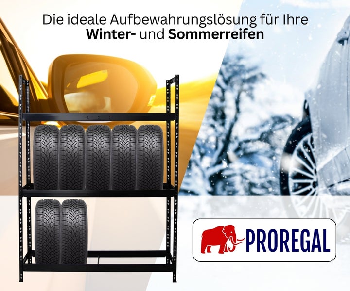 Schwarzes Reifenregal aus Metall zur Aufbewahrung von Winterreifen und Sommerreifen mit Proregal Logo.