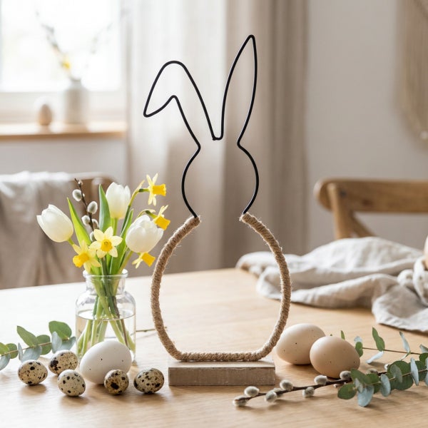 Osterdekoration aus Metall und Jutekordel in Hasenform auf Holzsockel, umgeben von Frühlingsblumen und Eiern auf einem Holztisch.