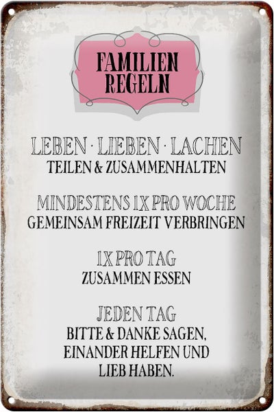 Blechschild Spruch 20x30cm Familien Regeln leben lieben