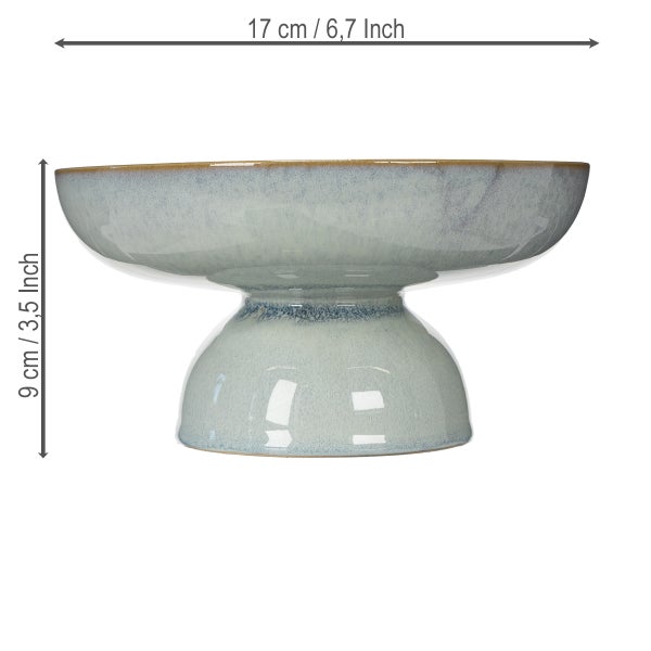 Dekoschale auf Fuß aus Keramik mit Reaktivglasur, Durchmesser 17 Zentimeter und Höhe 9 Zentimeter.