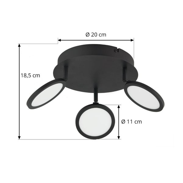 Schwarze Deckenleuchte mit drei runden Spots. Maße: Gesamthöhe 18,5 Zentimeter, Basisdurchmesser 20 Zentimeter, Spotdurchmesser 11 Zentimeter.