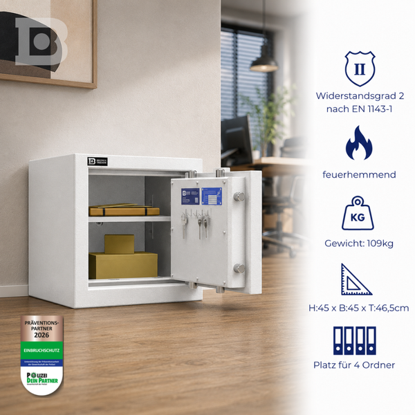 Bressel Tresor, Widerstandsgrad 2, feuerhemmend, 109 Kilogramm, 45 mal 45 mal 46,5 Zentimeter, Platz für 4 Ordner, Polizei Partner Logo.