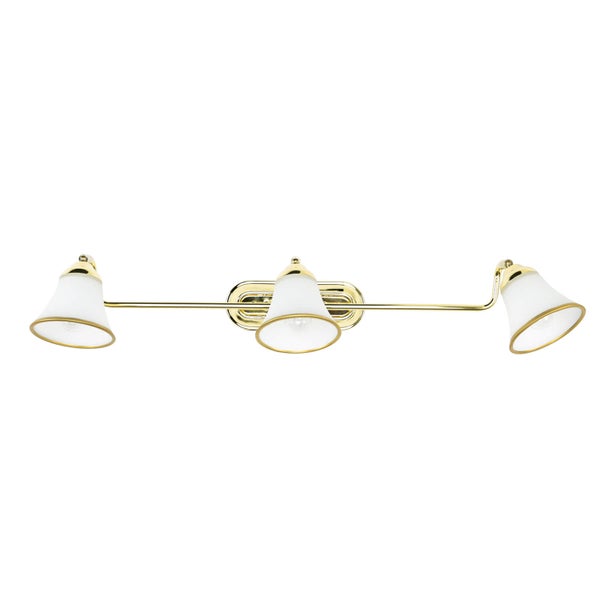Goldfarbene Badleuchte mit drei Strahlern und weißen Lampenschirmen