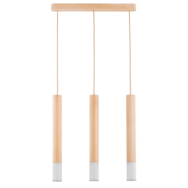 Dreiflammige Pendelleuchte aus Holz mit zylindrischen Leuchtenelementen und Textilkabeln