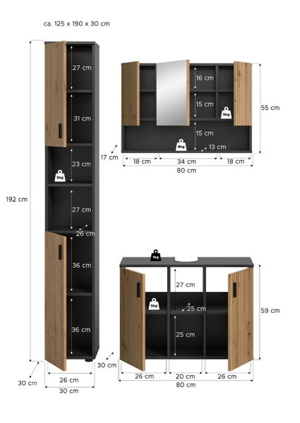 Maßzeichnung in Zentimetern für Badezimmermöbel Set bestehend aus Hochschrank, Spiegelschrank und Unterschrank inklusive maximaler Belastbarkeit.