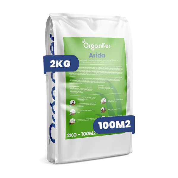 2 Kilogramm Packung Organifer Arida Rasensamen für circa 100 Quadratmeter, hochwertige Grassamen für trockene Standorte, Organifer Logo.