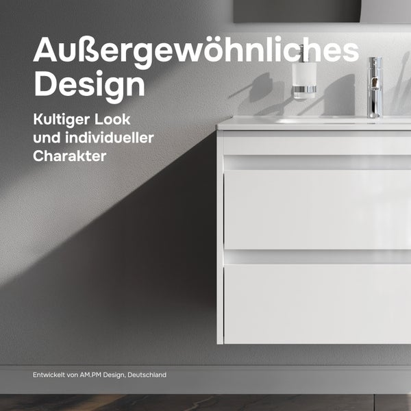Moderner Waschtischunterschrank mit zwei Schubladen und Armatur in einem minimalistischen Badezimmer.
