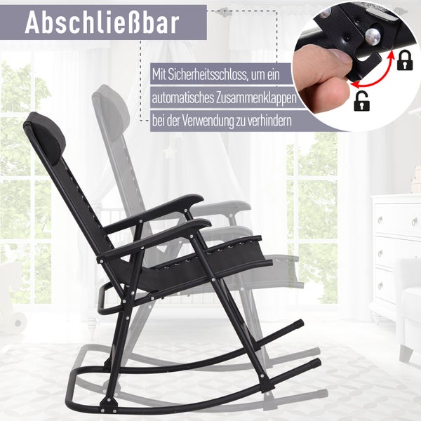 Outsunny Schaukelstuhl, Klappbare Schwingsessel, mit Kopfkissen, bis 120 kg, 90 x 64 x 110 cm, Stahl + Texteline, Schwarz