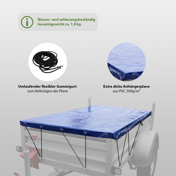 Wasserdichte und wetterfeste Anhängerplane aus PVC mit umlaufendem Gummizug zur Befestigung auf einem PKW Anhänger.