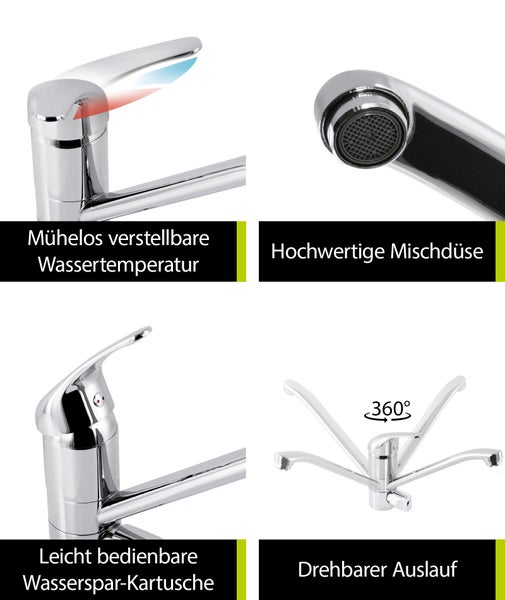 'aquaSu® Spültischarmatur mit Geräteanschluss Soul, Einhebelmischer mit Wasserspar-Kartusche, Wasserhahn für Spüle, Auslauf schwenkbar, Standard-Befestigung, Messingkern, chrom, 796026