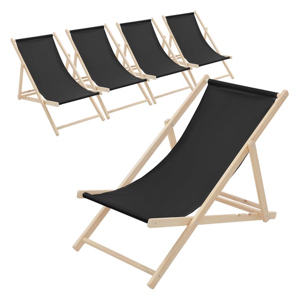 Fünfer-Set Liegestühle aus hellem Holz mit schwarzem Textilbezug.