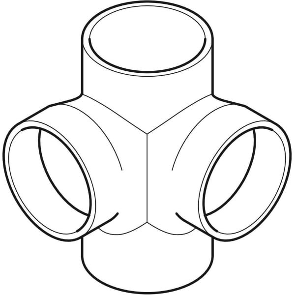 Technische Zeichnung eines 4-Wege-Eckstücks für Rohrverbindungen aus Kunststoff.