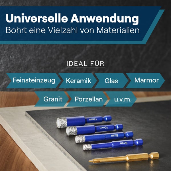 WERKSTEIN Fliesenbohrer Set - 6I8I10I12mm Glasbohrer & 6mm Karbid-Anbohrer - Diamantbohrer zum Bohren von Fliesen, Glas, Marmor, Granit uvm. - Keramikbohrer/Diamantbohrer für harte Fliesen