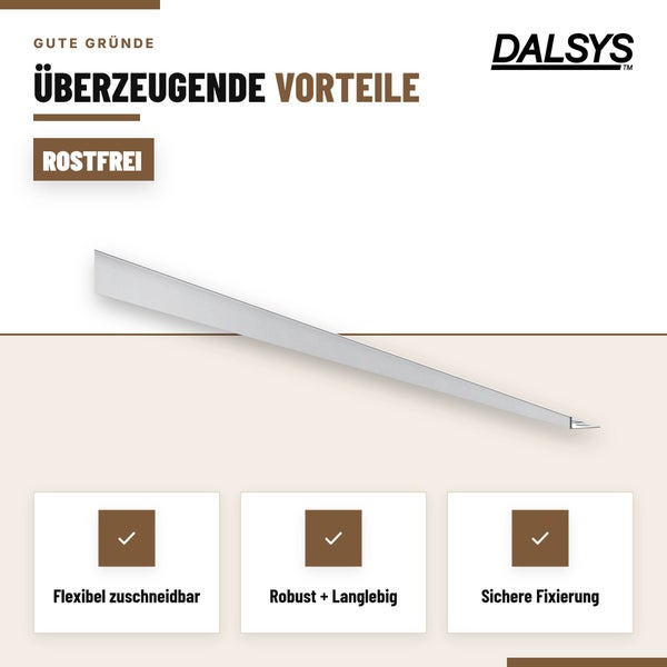 Dalsys Edelstahl Fliesenprofil mit Produktvorteilen wie Rostfreiheit, flexibler Zuschneidbarkeit, Robustheit und sicherer Fixierung.