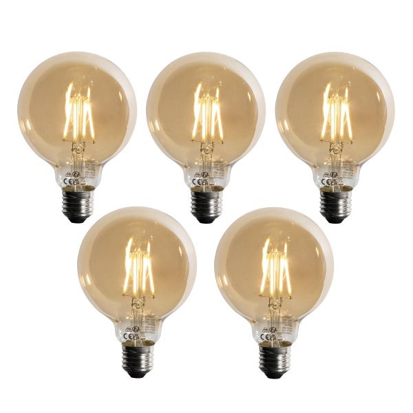 Fünf LED-Filament-Leuchtmittel in Globe-Form mit E27-Sockel und bernsteinfarbenem Glas.