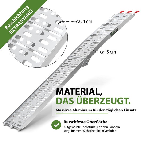 Klappbare Auffahrampe aus Aluminium von Trutzholm mit rutschfester Oberfläche, extra starker Beschichtung und circa 5 Zentimeter Seitenhöhe. Trutzholm Logo.